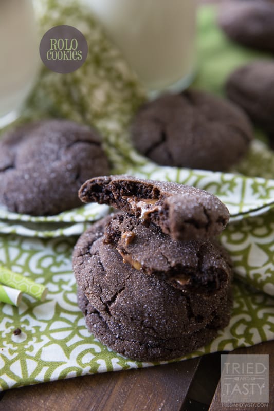 Rolo Cookies // These chocolaty cookies have the best surprise center: a warm ooey, gooey melty Rolo candy! They are most delicious warm out of the oven, but still tasty after they've cooled and even the next day! Perfect little cookie when you want a special treat! | Tried and Tasty