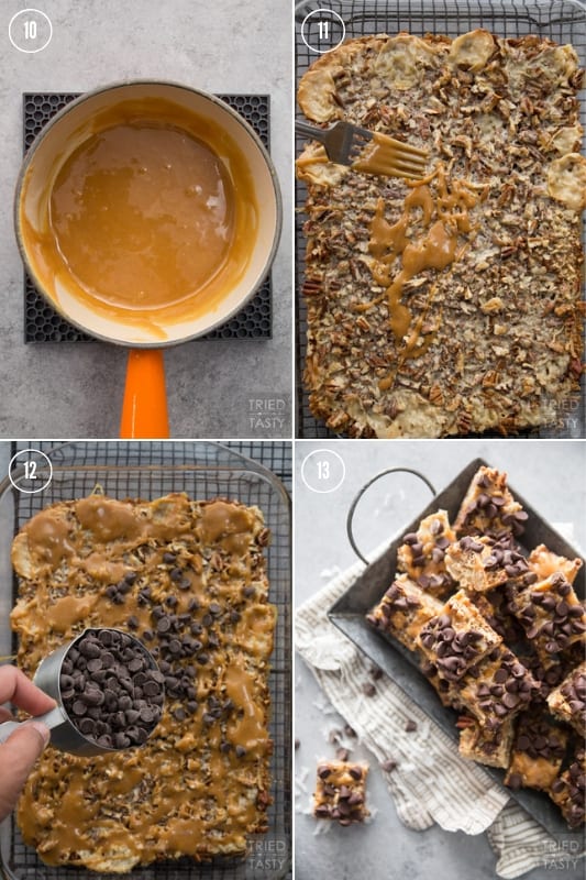 Collage of step-by-step photos on how to make chocolate caramel bars