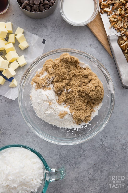 Bowl of flour and brown sugar on a counter