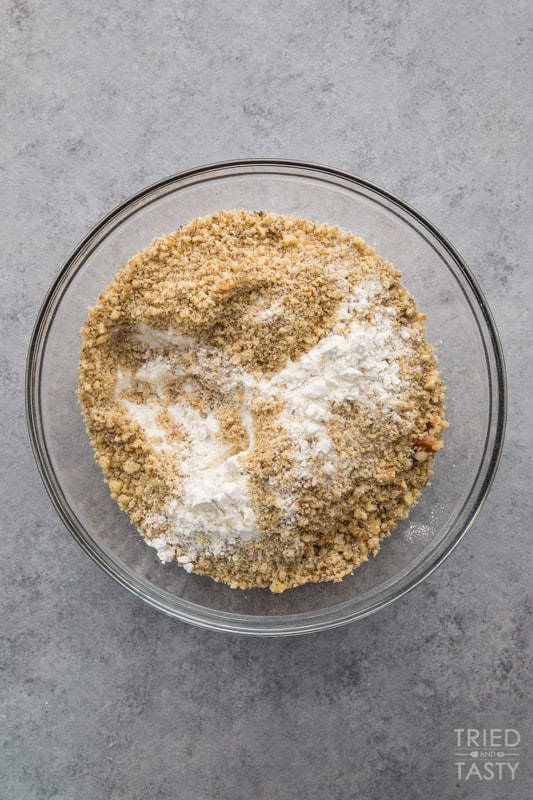 Bowl of flour, brown sugar, sugar & salt on a counter