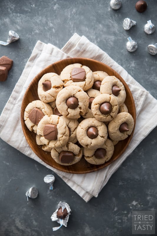 Close up photo of peanut butter cookies with Hershey kisses pressed on top