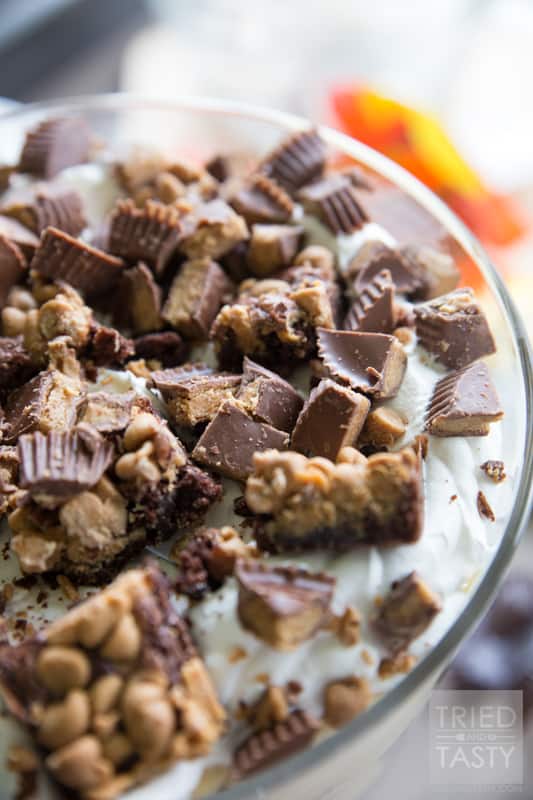 Peanut Butter Trifle // Trifle desserts are great for many reasons. This Peanut Butter Trifle is a peanut butter lover's dream. It's delicious, it's easy to throw together, and it feeds a crowd. Make this for your next party or get together! | Tried and Tasty