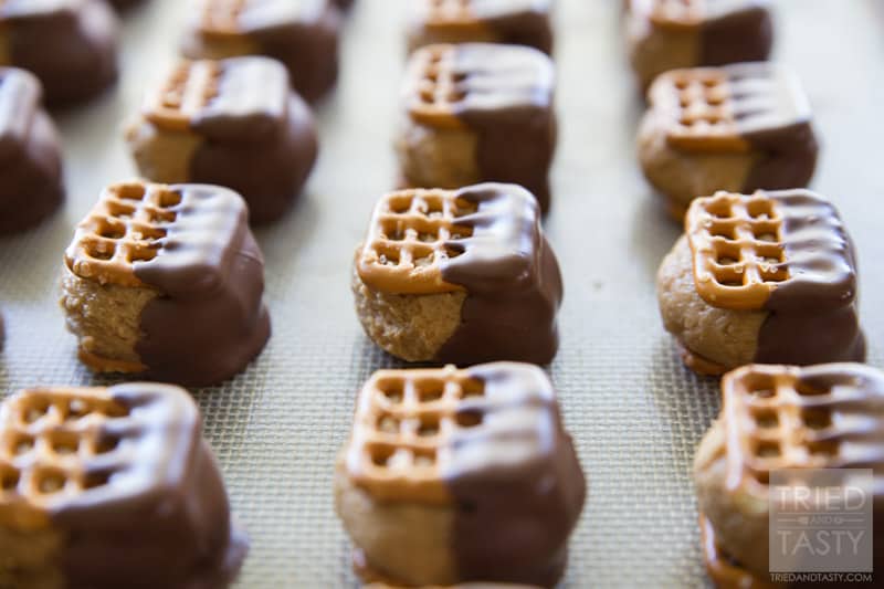 Peanut Butter Pretzel Bites // Calling all of my peanut butter and chocolate fans! These little morsels are the perfect little treat sandwiched in between the perfect little salty pretzel snacks! A great treat for any occasion! | Tried and Tasty