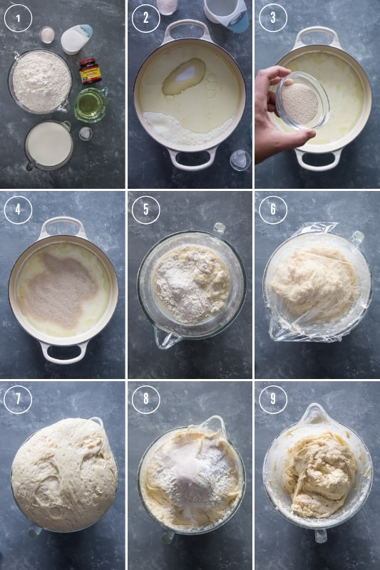 Collage of step-by-step photos showing how to make cinnamon rolls