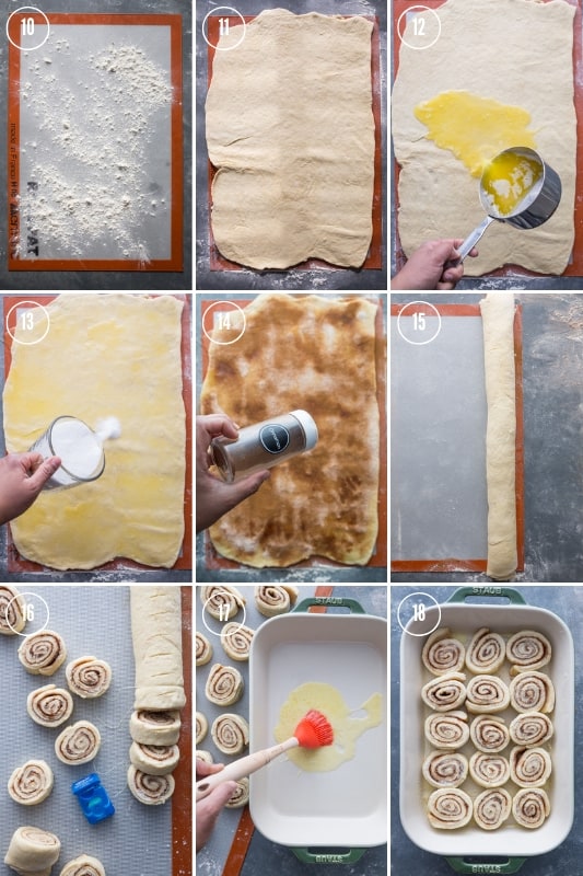 Collage of step-by-step photos showing how to make cinnamon rolls