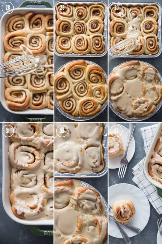 Collage of step-by-step photos showing how to make cinnamon rolls