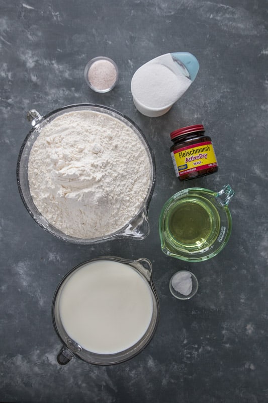 Ingredients used to make cinnamon rolls: flour, sugar, oil, salt, etc. 