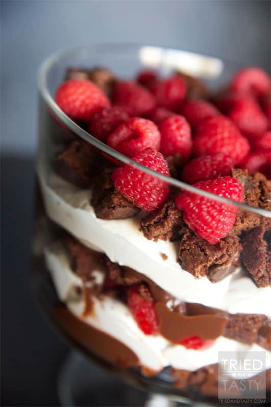 Raspberry Brownie Trifle Recipe // A beautiful layered dessert that's large enough to not only impress your guests but also feed a crowd. | Tried and Tasty