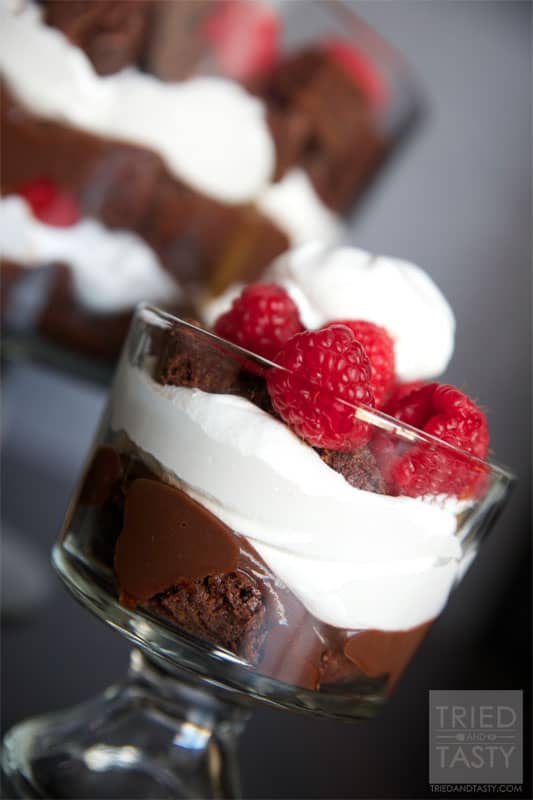 Raspberry Brownie Trifle Recipe // A beautiful layered dessert that's large enough to not only impress your guests but also feed a crowd. | Tried and Tasty