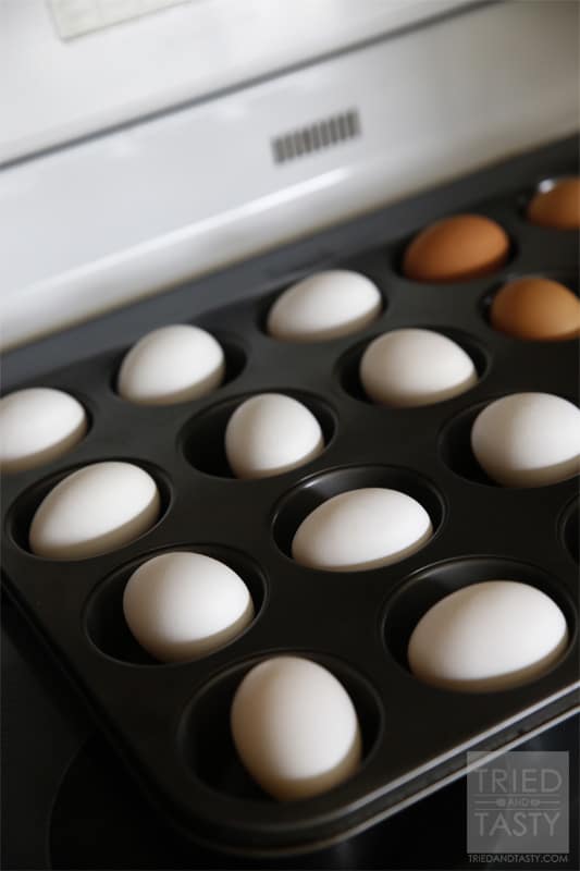 Oven Baked Hard Boiled Eggs // If you need to boil a large batch of eggs all at once or if you haven't been able to master the stove-top boiling method, then you MUST try these super simple oven baked eggs! | Tried and Tasty