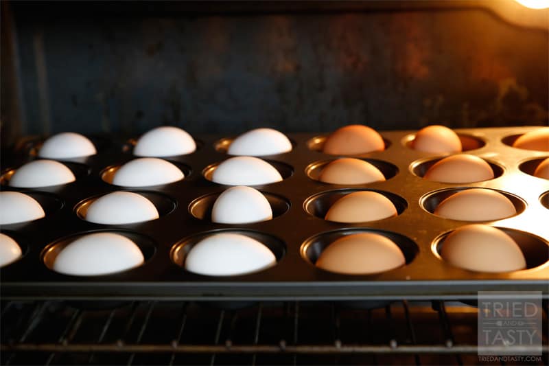 Oven Baked Hard Boiled Eggs // If you need to boil a large batch of eggs all at once or if you haven't been able to master the stove-top boiling method, then you MUST try these super simple oven baked eggs! | Tried and Tasty