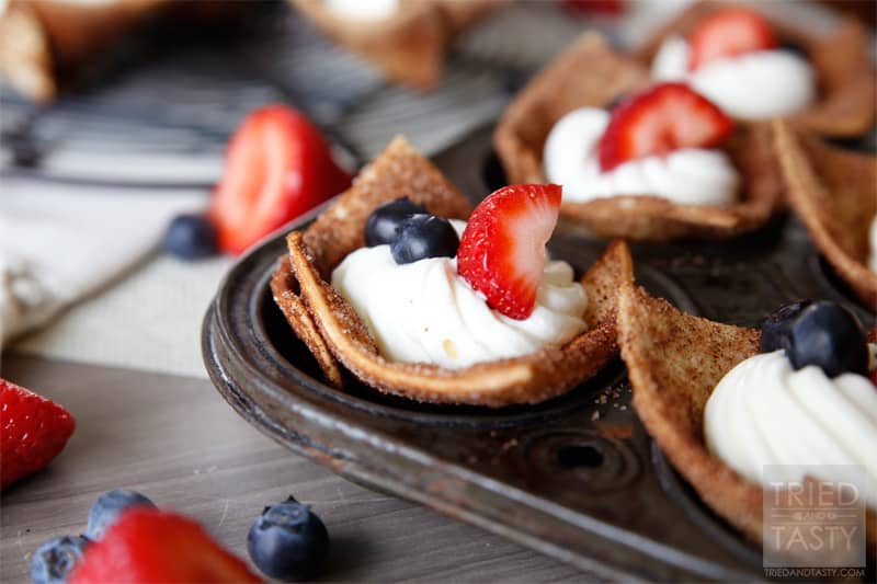 Red White Blue Tortilla Cups // A delicious and perfectly portioned holiday treat! Wonderfully patriotic with a light creamy filling finished off with the right touch of fruit! | Tried and Tasty