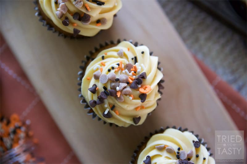 Pumpkin Chocolate Chip Cupcakes w/Pumpkin Cream Cheese Frosting // If you've got canned pumpkin lying around and you aren't sure what to do with it, I would highly suggest making these cupcakes. With the Pumpkin Cream Cheese Frosting, they are pretty much amazing! | Tried and Tasty