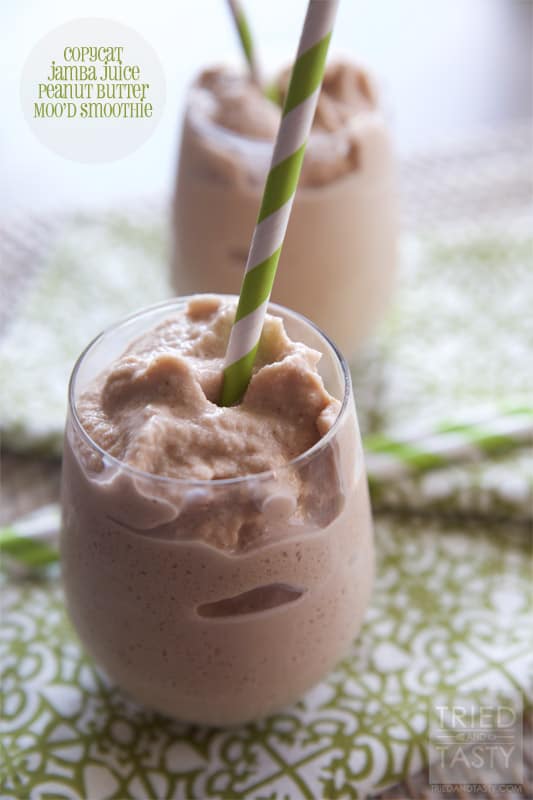 Copycat Jamba Juice Chocolate Peanut Butter Moo'd Smoothie // Ever wanted to make your favorite Jamba Juice recipe at home? This quick & easy recipe is only four ingredients! Tastes identical to the original, if not BETTER! Use your @blendtec to get the job done in no time! #smoothie #copycat #jambajuice #blendtec // Tried and Tasty