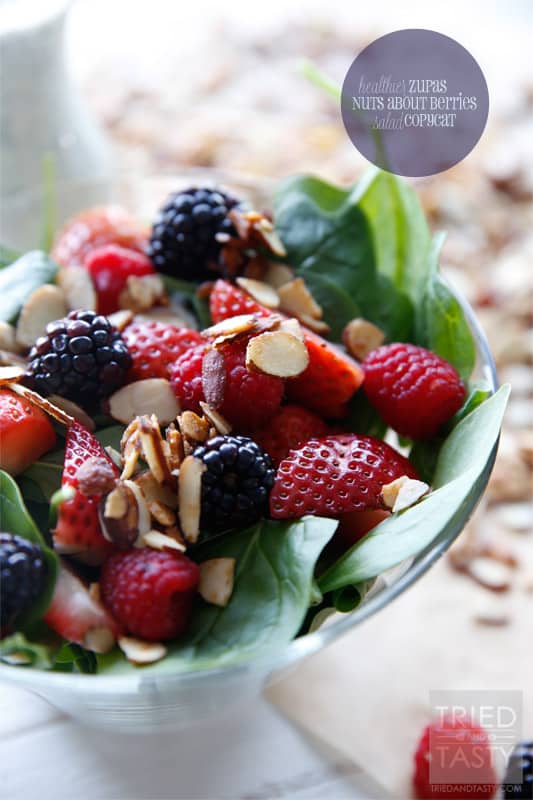 Healthier Zupas Nuts About Berries Salad Copycat // Ditch the sugar coated almonds and sugary poppyseed dressing and fall in love with this healthier version. Simple to throw together, beautiful to look at, and the most delicious healthy salad you'll ever have! | Tried and Tasty