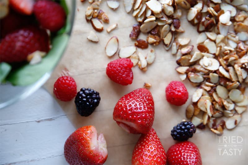 Healthier Zupas Nuts About Berries Salad Copycat // Ditch the sugar coated almonds and sugary poppyseed dressing and fall in love with this healthier version. Simple to throw together, beautiful to look at, and the most delicious healthy salad you'll ever have! | Tried and Tasty