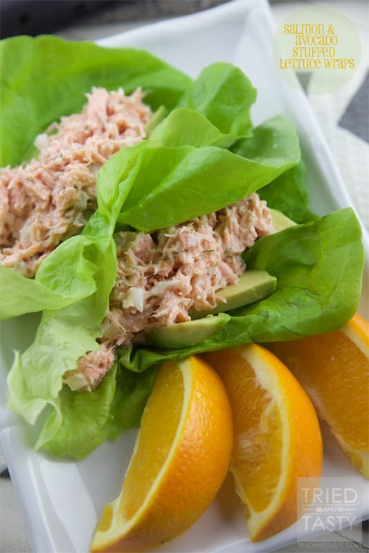 Salmon & Avocado Stuffed Lettuce Wraps // A wonderful way to use leftover salmon that is quick, easy, & healthy! | Tried and Tasty