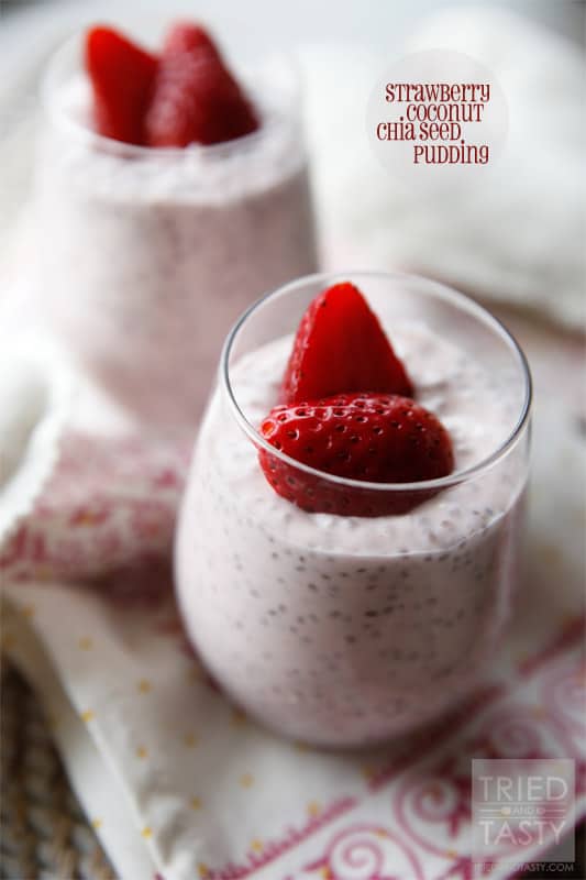 Strawberry Coconut Chia Seed Pudding // The perfect healthy snack, breakfast or dessert that will not only leave you satisfied, but also provide many healthy nutrients from the coconut and chia seeds. It's delicious! With the strawberries it would also make the perfect Valentine's treat! | Tried and Tasty