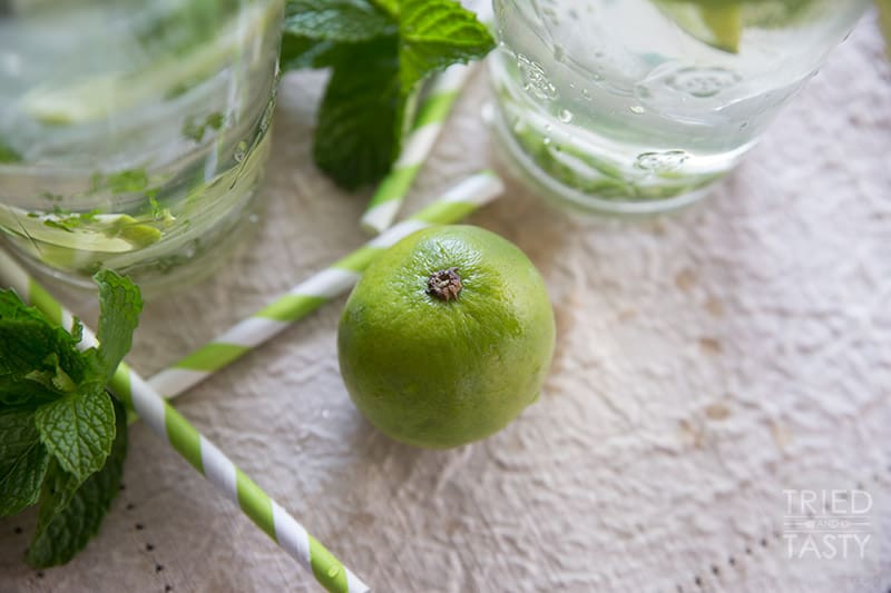 Minty Lime Water // For a cool, crisp and refreshing beverage, try this simple three-ingredient water! If you've ever needed help getting your daily water intake, this Minty Lime Water will help you reach your goals! | Tried and Tasty