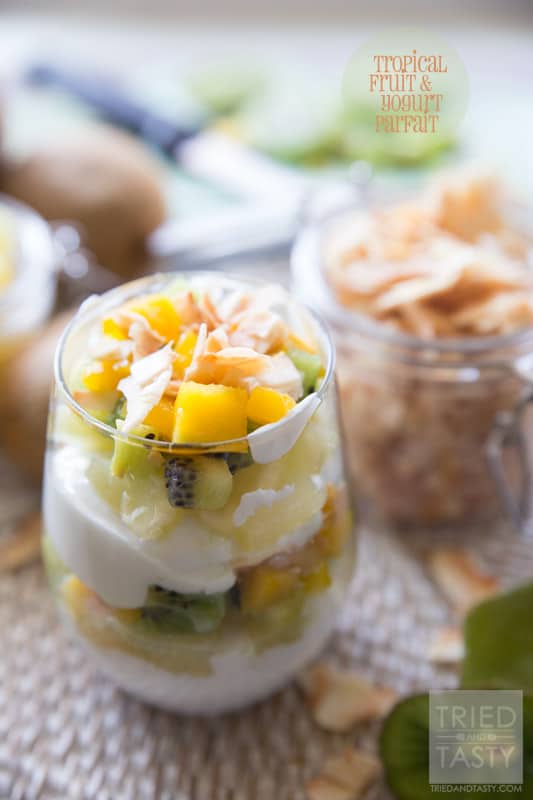 Tropical Fruit & Yogurt Parfait // Want a quick and easy breakfast that will transport you to the tropics without leaving home? This Tropical Fruit & Yogurt Parfait will leave your tastebuds dancing like their on vacation! Only five ingredients! | Tried and Tasty