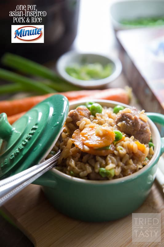 One Pot Asian-Inspired Pork & Rice // Use Minute® Brown Rice for this delicious and hearty meal. Powerful flavors come together to create and explosion of flavor in your mouth. One bite, and you will want to make this again and again. Perfect Asian-inspired dinner great any day of the week! #MinuteMeals #AD | Tried and Tasty