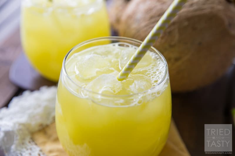 Pina Colada Agua Fresca | Looking for a delicious drink made without any artificial coloring, soda, sherbet or ice cream? This Pina Colada Agua Fresca is PERFECT for you! It's all-natural, delicious, and really simple! Try this refreshing beverage today! // Tried and Tasty