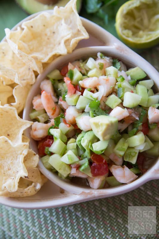 Shrimp Ceviche // This refreshing dip has outstanding flavor! Crisp, fresh, and perfect for any party, gathering, get together, potluck, or even for no reason at all! | Tried and Tasty