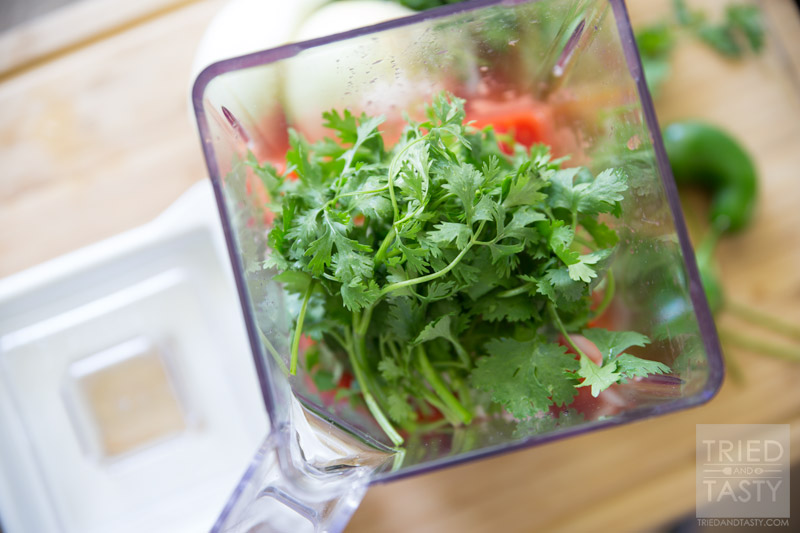 Five Ingredient Blender Salsa // Want restaurant style salsa but don't have a lot of time on your hands? This quick & easy recipe only requires FIVE ingredients and can be whipped together in no time with the help of your high speed blender! | Tried and Tasty