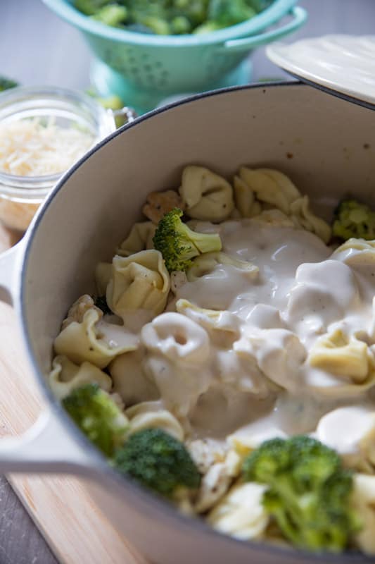 One Pot Chicken & Broccoli Tortellini // Five ingredients, 30 minutes, and one delicious dinner the whole family will love! Made with Prego Alfredo you'll have a flavorful & saucy dinner perfect for any day of the week! | Tried and Tasty