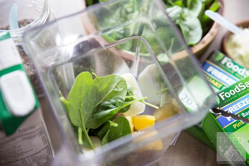 Pineapple Coconut Green Smoothie // Want a delicious way to begin your morning? This healthy smoothie has nutrition, flavor, and a taste of the tropics! Come check out this tutorial on how to make freezer smoothie packs. Never rush out of the house without breakfast again! | Tried and Tasty