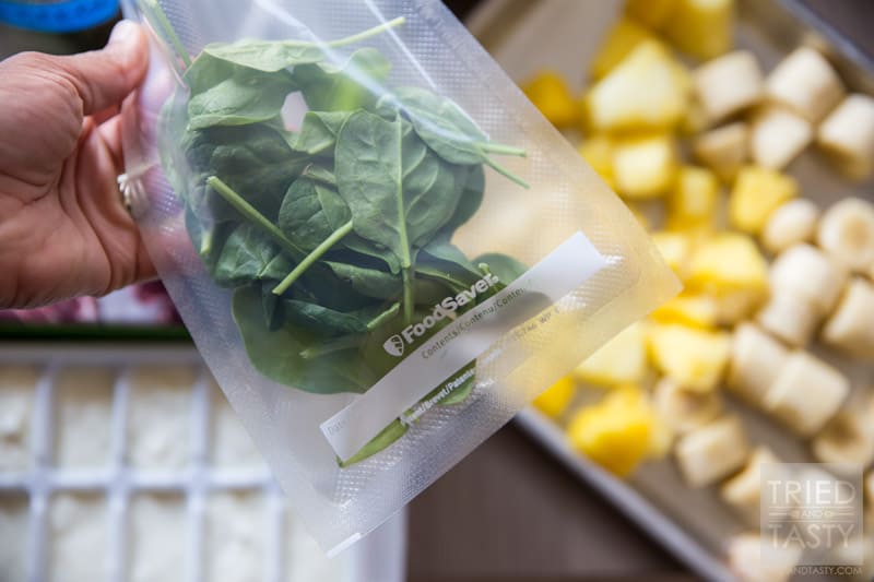 Pineapple Coconut Green Smoothie // Want a delicious way to begin your morning? This healthy smoothie has nutrition, flavor, and a taste of the tropics! Come check out this tutorial on how to make freezer smoothie packs. Never rush out of the house without breakfast again! | Tried and Tasty