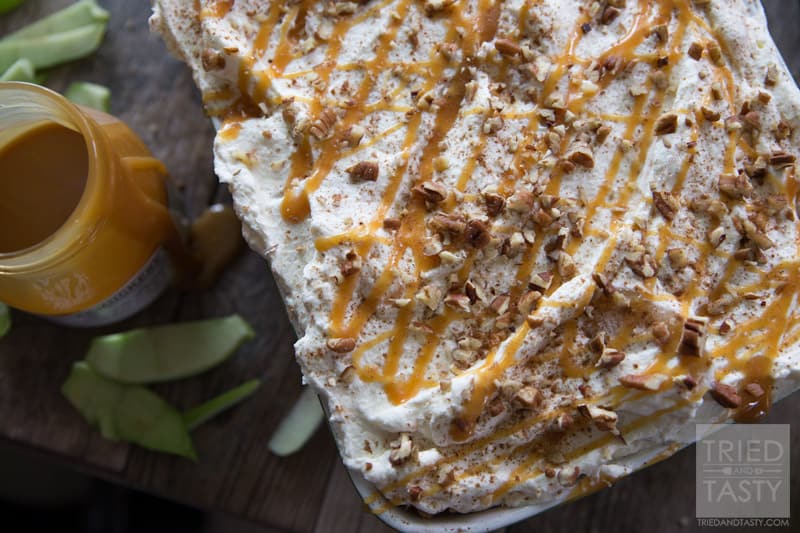 No Bake Caramel Apple Pie Icebox Cake // Love caramel apples? Made with less than 10 simple ingredients this festive fall dessert is perfect for your parties and get togethers this season. Light, fluffy & wonderfully decadent you'll immediately fall in love with this treat! | Tried and Tasty