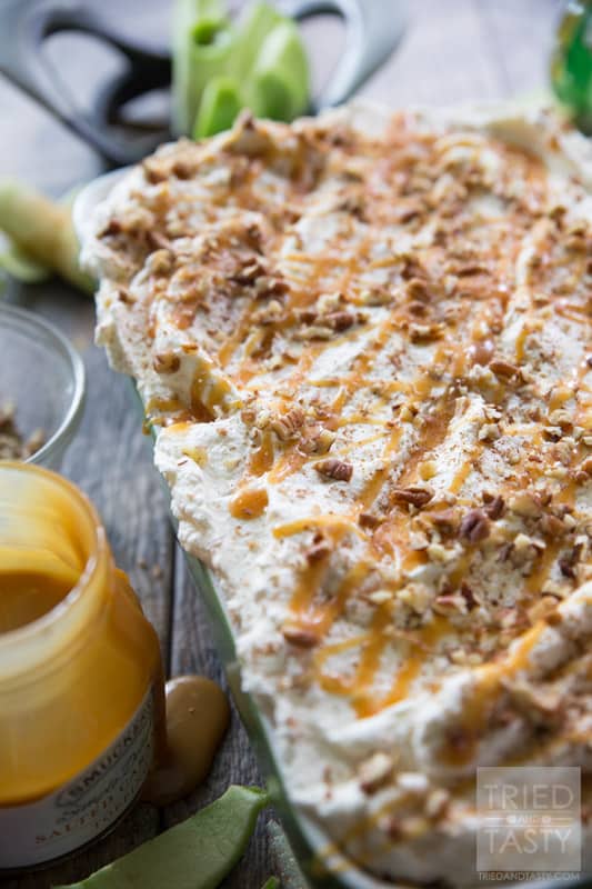 No Bake Caramel Apple Pie Icebox Cake // Love caramel apples? Made with less than 10 simple ingredients this festive fall dessert is perfect for your parties and get togethers this season. Light, fluffy & wonderfully decadent you'll immediately fall in love with this treat! | Tried and Tasty