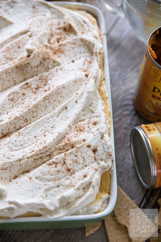 No Bake Pumpkin Cheesecake Icebox Cake // Made with only SIX simple ingredients this festive fall dessert is perfect for your parties and get togethers this season. Light, fluffy & not overly sweet you'll immediately fall in love with this treat! | Tried and Tasty