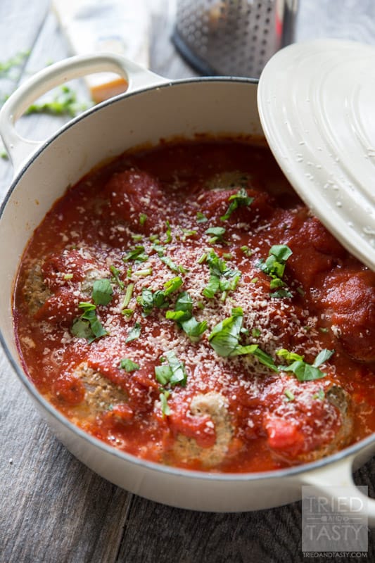 One Pot Savory Turkey Meatballs // You won't believe how delicious these meatballs are! Perfectly juicy & wonderfully healthy, would be great with your favorite pasta or even alone with a side salad and fresh bread! | Tried and Tasty