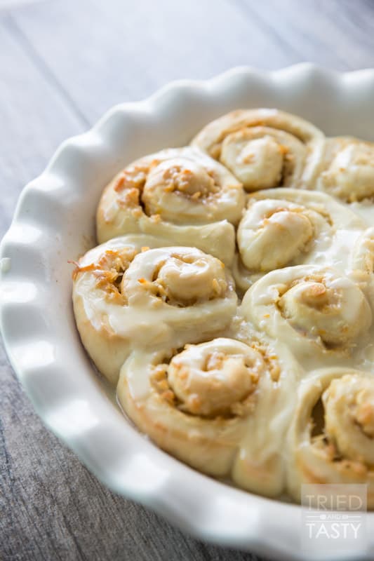 Orange Coconut Rolls // These heavenly rolls are so easy you won't believe it. Made with Rhodes frozen bread, you'll be able to whip these up for breakfast, brunch, or dessert in no time at all! |Tried and Tasty