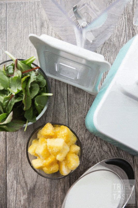 Three Ingredient Pineapple Green Smoothie // Doesn't get any easier than this delicious smoothie! You're only three ingredients away from a nutrition packed, no-sugar added, simple smoothie. Perfect to jump start your morning. Great for a mid-afternoon pick-me-up. Great for an afternoon snack the whole family will enjoy! | Tried and Tasty