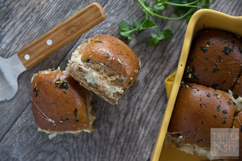 Cheesy Artichoke Mozzarella Sliders // You're only five ingredients away (six if you count parsley) from these awesome cheesy sandwiches! They are great for the Super Bowl, March Madness, or any other gathering with a large crowd. Everyone will fall in love with this tasty appetizer! | Tried and Tasty
