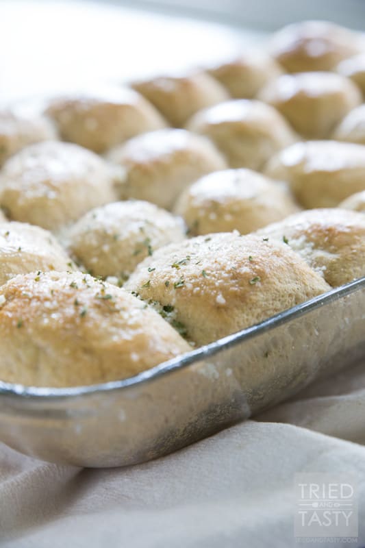 Fluffy Whole Wheat Parmesan Garlic Rolls // You haven't had a more pillowy soft whole wheat roll until you've tried this recipe! These homemade rolls are absolutely fantastic and you'll have a hard time believing they are 100% whole wheat. Great for special occasions and holidays! | Tried and Tasty