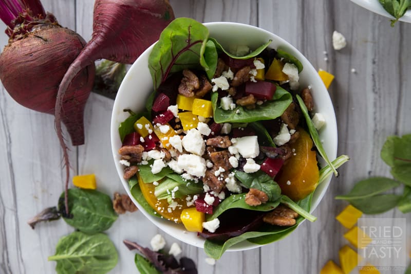 Healthy Beet & Feta Salad // This salad was inspired by the Blue Lemon Roasted Beet Salad. So many wonderful flavors all nestled together in one bowl. Drizzled with a lemon vinaigrette a great starter to any tasty meal. Simple to throw together. Stunning enough for any dinner table! | Tried and Tasty