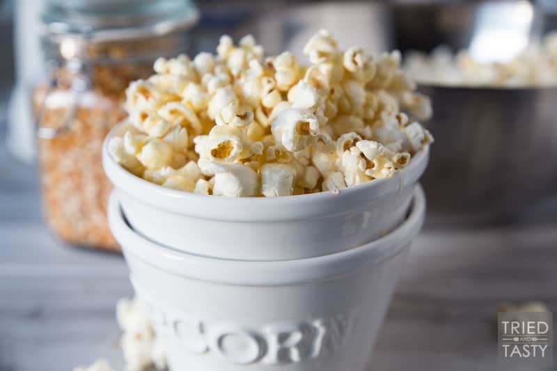 Honey Butter Popcorn // The kids will flip over this delicious popcorn recipe! You only need five ingredients - and I can almost guarantee you have everything on hand already. Plus, there's no microwave involved - say goodbye to yucky chemicals! | Tried and Tasty