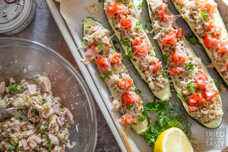 Healthy Zucchini Tuna Melts // These delicious tuna melts are the low-carb gluten-free version of a classic. Made with high quality Genova tuna you will want to make them again and again. Simple Ingredients. Vibrant flavor. Ready in less than 30 minutes! | Tried and Tasty