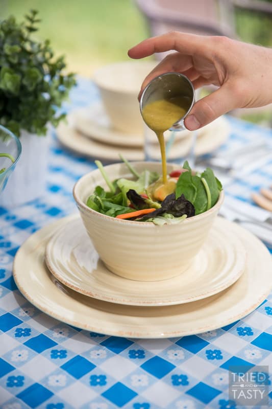 Low Calorie Dijon Dressing // Nothing can make a healthy salad unhealthy faster than the dressing you put on it! This low-cal dijon is exactly what you need if you're looking to maintain taste without sacrificing your nutrition! Especially great on top of Taylor Farms Snappy Spinach Salad! | Tried and Tasty