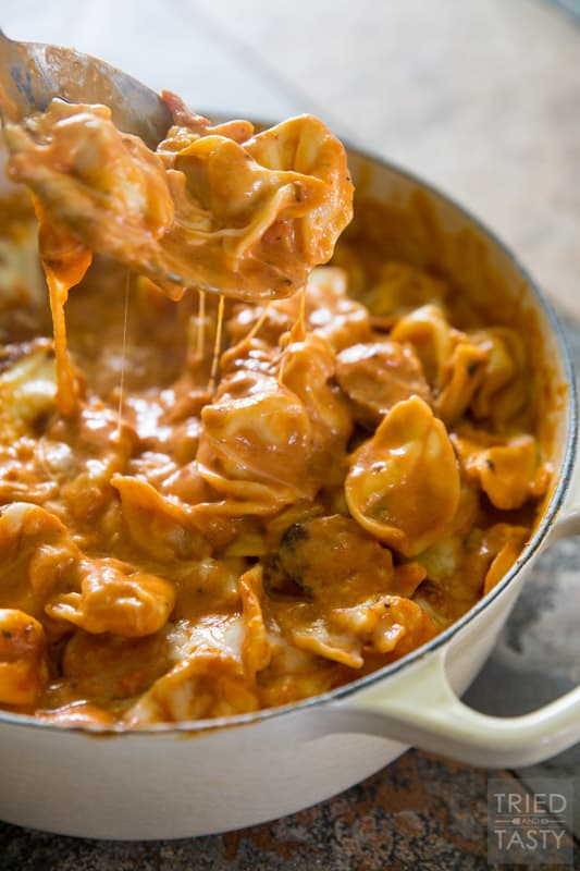 Two-Timin' Tortellini and Sausage // This simple one pot meal is perfect any night of the week. Ready in 30 minutes, tasty enough for the whole family, and with the addition of sausage it's a hearty filling dinner you'll love! | Tried and Tasty