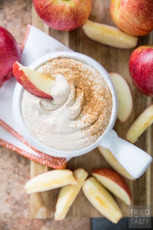 Healthy Caramel Apple Fruit Dip // Made with only five ingredients you will want to save this recipe to have for Halloween AND Thanksgiving! It's so divine you won't even know there's not a stitch of refined sugar! | Tried and Tasty