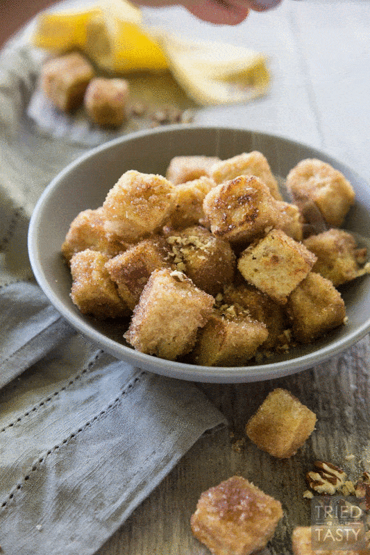 Pumpkin Spice Bananas Foster French Toast Bites // French toast is taken next level with these adorably delicious bites of heaven. You won't believe how wonderfully the flavors come together in this amazing fall inspired breakfast (that can be enjoyed all year long). The best bananas foster breakfast dessert around! | Tried and Tasty