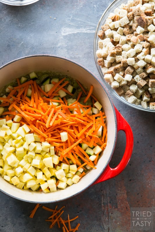 Sausage and Veggie Lovers Stuffing // This hearty and comforting stuffing is perfect for the holidays. Loaded with veggies and mixed with Italian sausage it's the ultimate side dish to add to your turkey, mashed potatoes and dinner rolls. Packed with flavor you're guests will be begging for the recipe. | Tried and Tasty
