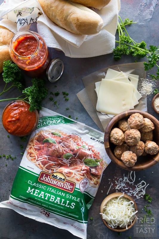 Three Cheese Italian Meatball Subs // Meatball subs taken to the next level with THREE different kinds of cheese. The cheese lover inside will shout for joy at first bit of these tasty sub sandwiches! | Tried and Tasty