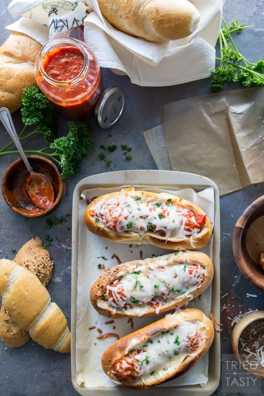 Three Cheese Italian Meatball Subs // Meatball subs taken to the next level with THREE different kinds of cheese. The cheese lover inside will shout for joy at first bit of these tasty sub sandwiches! | Tried and Tasty