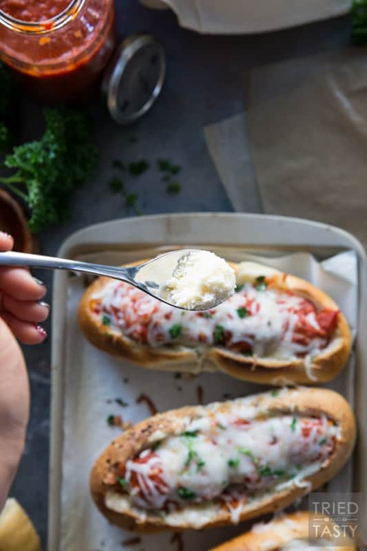 Three Cheese Italian Meatball Subs // Meatball subs taken to the next level with THREE different kinds of cheese. The cheese lover inside will shout for joy at first bit of these tasty sub sandwiches! | Tried and Tasty
